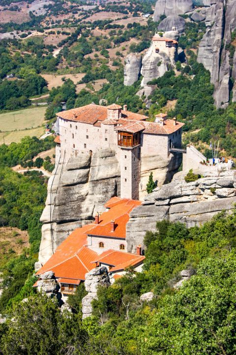 Roussanou Monastery: Roussanou Monastery is surrounded by imposing cliffs.