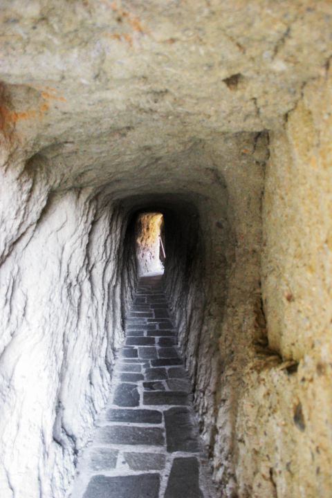 Grand Meteoron Monastery: A narrow, natural tunnel. Exploring the surroundings of the Monastery.