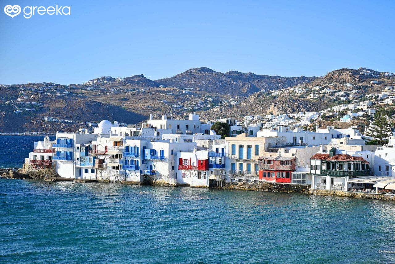 High angle view of traditional white washed houses on a Greek