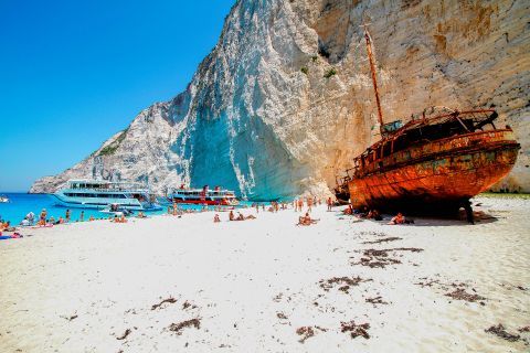 Navagio or Shipwreck: It is the shipwreck of a boat that transported illegal cigarettes, in 1983.
