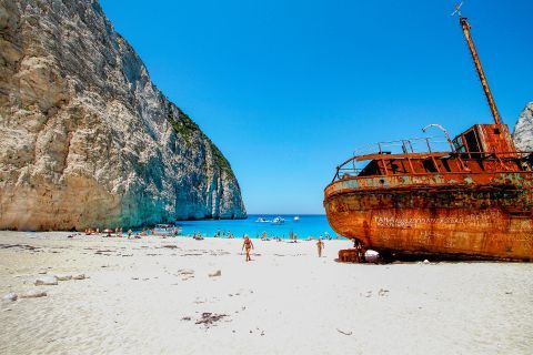 Navagio or Shipwreck: With the years passing, the sand completely surrounded the ship which looks now as it emerges from it.