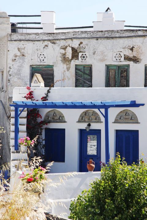 Tripotamos: A white and blue house with beautiful flowers