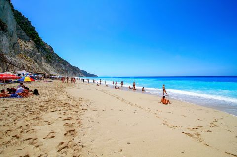 Egremni: Relax on the soft sand of Egremni beach.