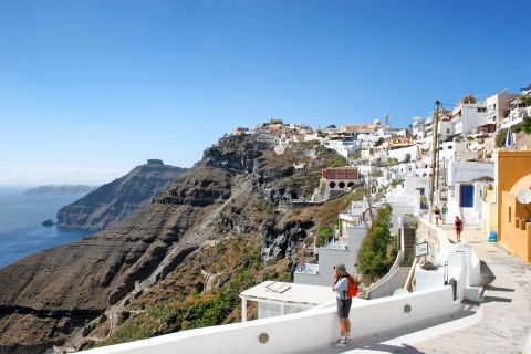 Fira: Rocky landscape and Cycladic houses