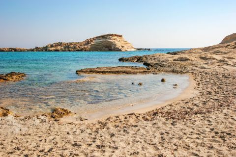 Lefkos beach: Soft sand and crystal clear waters.