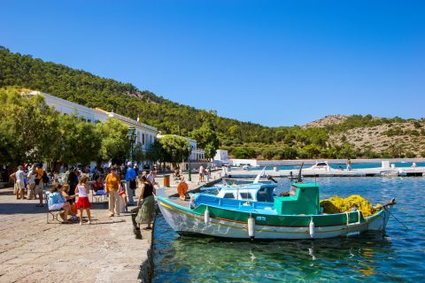 Panormitis: A fishing boat on the small harbor of Panormitis.