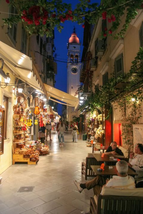 Town: A street with souvenir shops in Corfu Town.