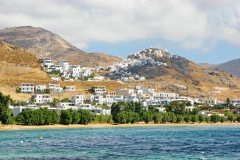Livadakia: Hills and Cycladic houses, overlooking Livadakia beach