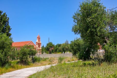 Chorio: A local church, surrounded by greenery.