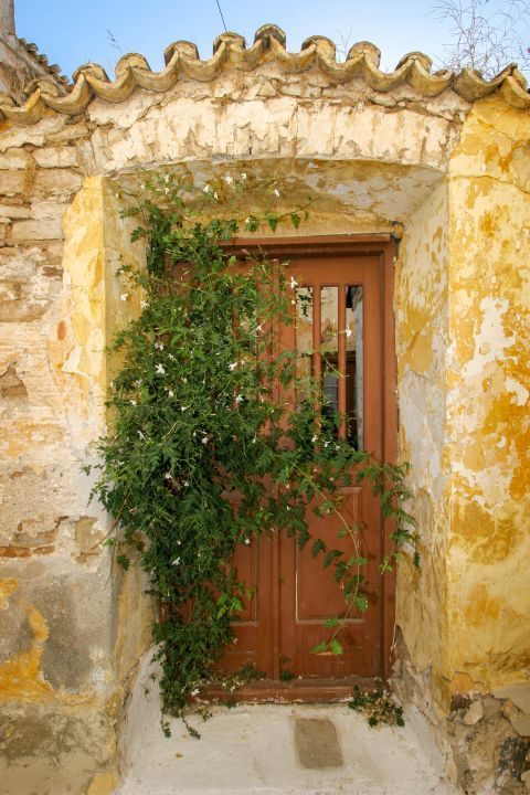 Marathokambos: An old house with a wooden door and bloomed flowers.