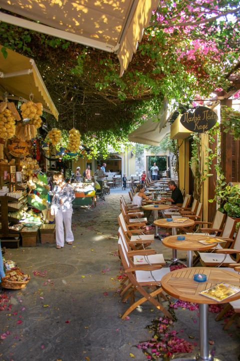 Town: Tourist shops and cafes, shaded by trees and colorful flowers.