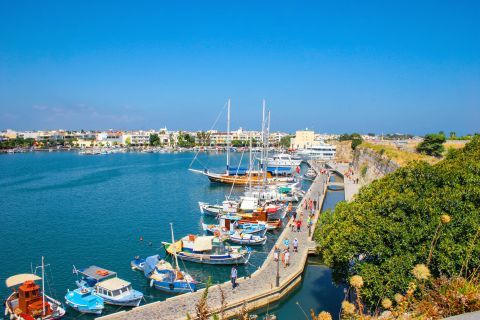 Town: Boats, mooring on the calm waters of Kos Town Port.