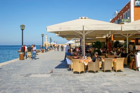Town: Cafes on the promenade of Chania.