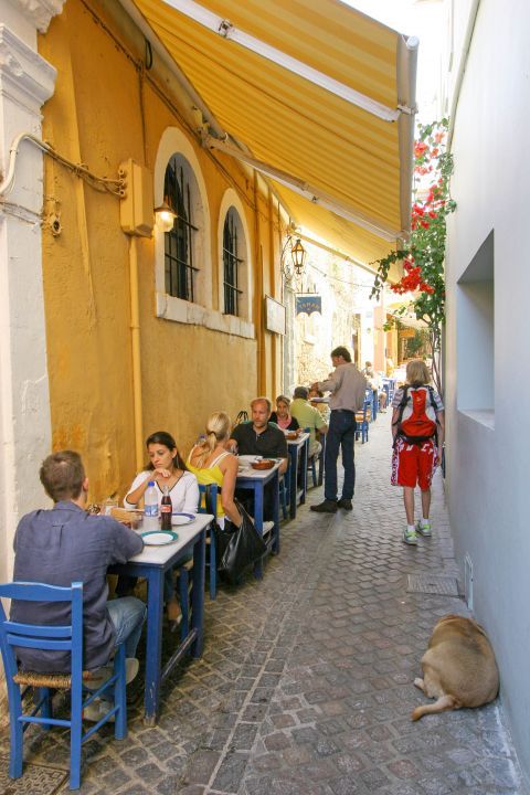 Town: A traditional, Greek tavern on a narrow alley in Chania Town.