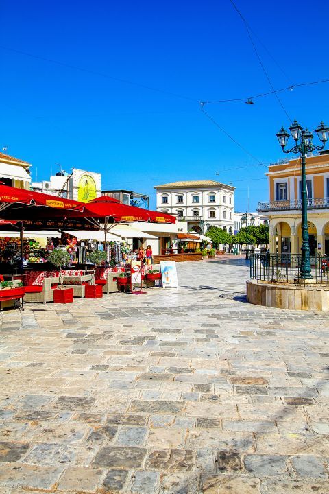 Town: Cafes on the central square of Zakynthos Town.