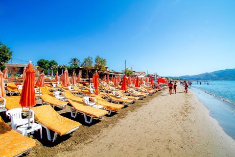 Laganas: Umbrellas and sun loungers on the shore of Laganas beach.
