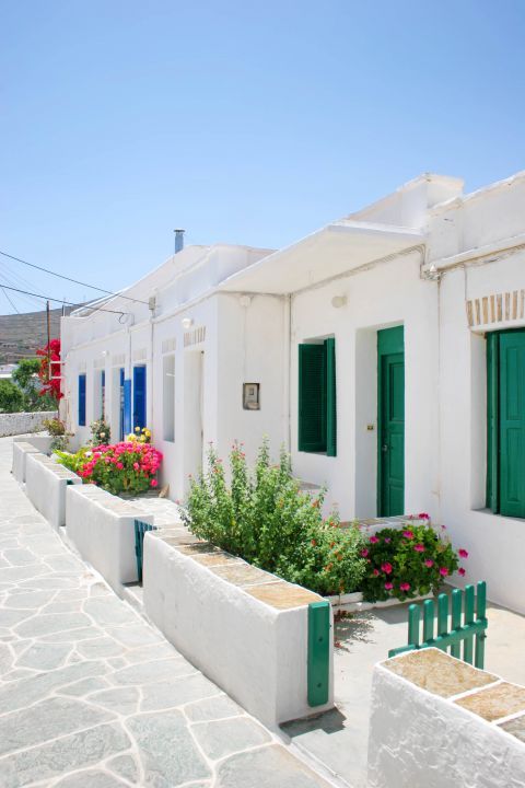 Chora: Whitewashed houses with blue and green details.