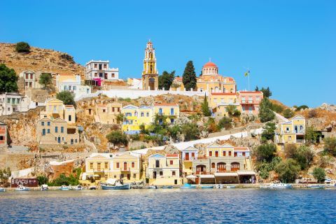 Town: Distant view of Chora, Symi.