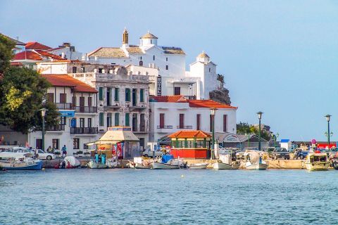 Town: Approaching the main port of Skopelos.
