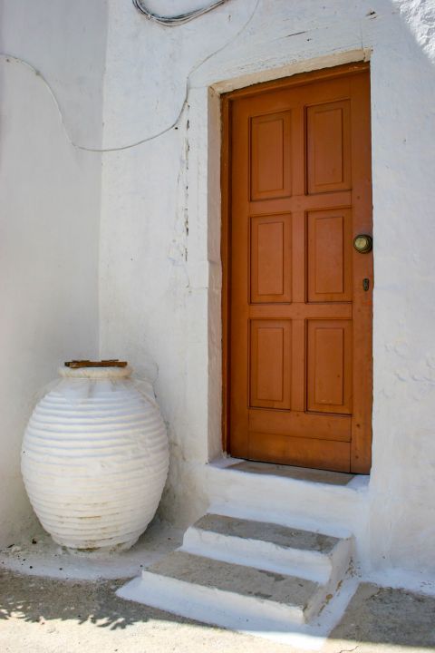 Gaios: A whitewashed house with a wooden door and a lovely flower pot.