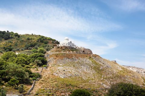 Filoti: A Cycladic church, situated on top of a hill