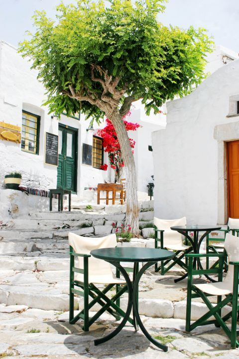 Chora: Outdoor seating of a local cafe