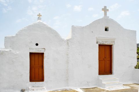 Chora: Whitewashed churches with wooden doors are spotted all over the place. Chora, Amorgos.